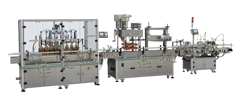 灌裝機+全自動封蓋機（自動理蓋，自動扣蓋，自動旋壓蓋）+貼標機